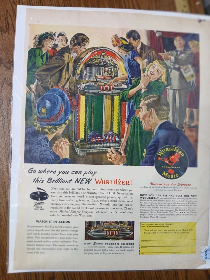 1947 Albert Dorne Art & Wurlitzer Jukebox Vnt-Look DECORATIVE Original Ad. - Image 1 of 1
