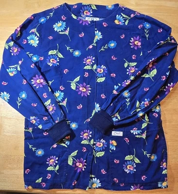 Crest LS snap front Scrub Top, blue w/ flowers, XS,$5 ship,Each add item $1 ship - Image 1 of 2