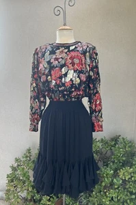 Vtg Diane Freis Metallic Floral Dress Pleats Petite S/M Black Pink - Picture 1 of 11