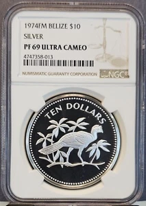 1974 BELIZE SILVER 10 DOLLARS GREAT CURASSOW NGC PF 69 ULTRA CAMEO BEAUTIFUL - Picture 1 of 3