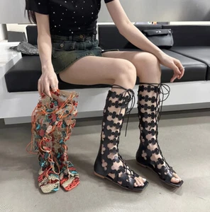 Sexy Strap High Boots Women's New Hollow Out Roman Sandals Flat Knee High Boots - Picture 1 of 23