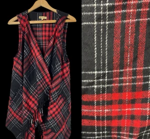 Democracy Vest Plaid Blanket Drapey Red Black Tartan Cabincore Country Large - Picture 1 of 15