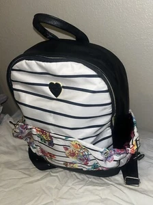 Betsey Johnson White Black Striped Floral Backpack Book Bag Roses Vegan Leather - Picture 1 of 9