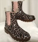 Rain Boots Women’s Size 4/5 Pull On Mid Calf Pink And Leopard Design Block Heel