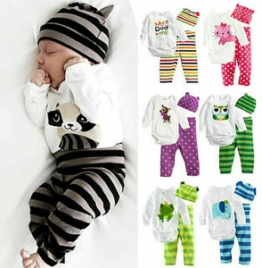 Baby Boys Girls Romper Pants Hat Newborn 0-18 Months 3Pcs/Set Infant Clothes - Picture 1 of 13