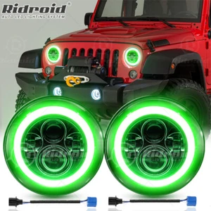 Pair 7" Inch Round LED Headlights Green Halo DRL For Jeep Wrangler JK LJ TJ CJ - Picture 1 of 21