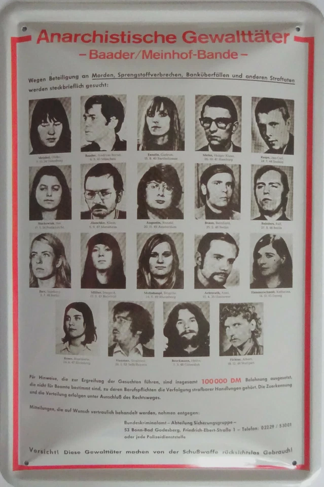VIELESGUENSTIG BY ROBBY WANKA Blechschild Schild 20x30cm - Fahnungsplakat Baader Meinhof Bande Plakat vintage