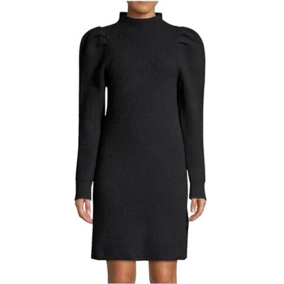 Sandro Puff Sleeve Ribbed Knit Wool Sweater Dress in Black Minimal Neutral  - Image 1 of 4