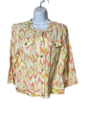Ruby Rd. Jacket Women's Size 10 Green Pink Print Ruffle Beaded Collar Linen - Image 1 of 4