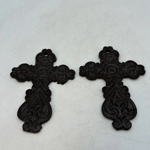 Set Of 2 Vtg 4” Ornate Brown Crosses Pendants/Wall Hanging Crucifix Christianity - Picture 1 of 11