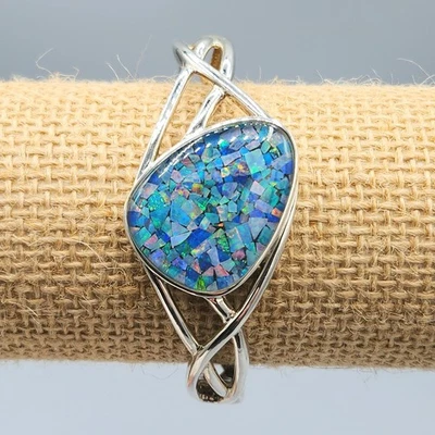 Brazalete Whitney Kelly WK plata esterlina ópalo mosaico incrustación bisagra 7" 25,5 g Foto 1 de 4