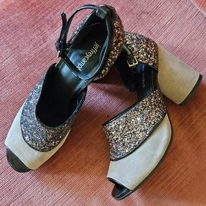 Jeffrey Campbell Bibiana Heels 7.5 Taupe Suede, Black & Silver Glitter - Picture 1 of 9