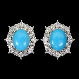 925 Sterling Silver Earrings Oval Turquoise 8x6mm Natural Gemstone Jewelry - Picture 1 of 13