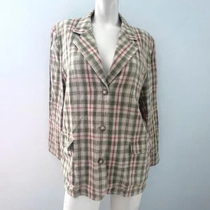 LL Bean Womens Blazer Plaid Linen Blend Career Size 16 Heritage Academia Vintage - Picture 1 of 11
