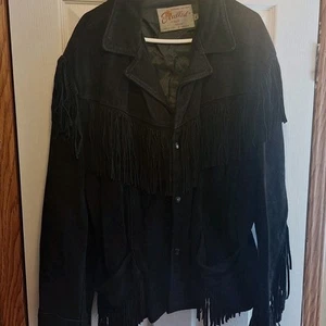 Vintage Excelled Suede Leather Fringed Western Coat Jacket Size Xl Black Tassel - Picture 1 of 19