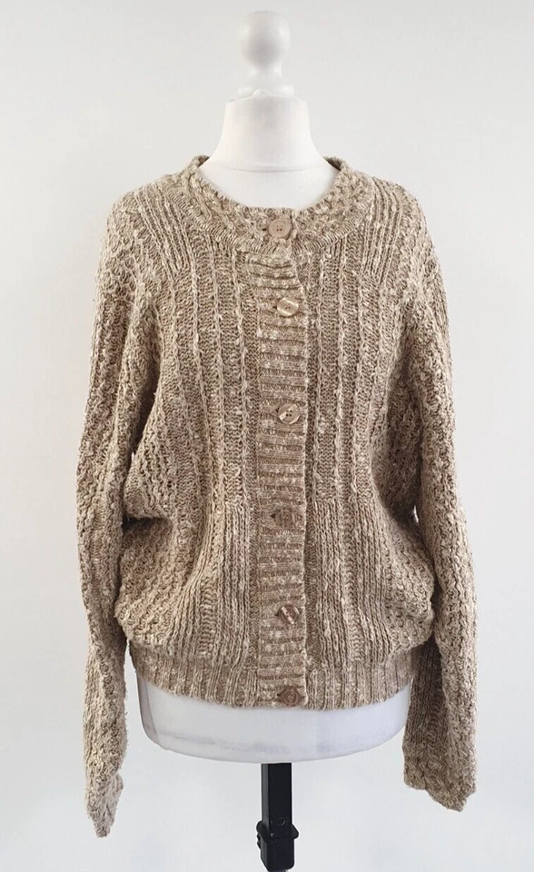 Cárdigan Orvis Talla Pequeña Pequeño Beige Marrón Blanco Cable Grueso Tejido Foto 1 de 4