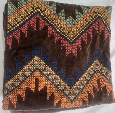 Pottery Barn Brown Velvet Pillow Cover Geometric Flame Cross Stitch 25" X 25" - Image 1 of 4