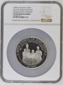 1995 Vanuatu QE II Coronation 100 Vatu 5oz Proof Silver Coin - NGC PF 69 UC - Picture 1 of 2