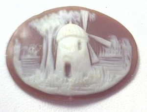 NOS Antique Hand Carved Oval Shell CAMEO Stone Windmill & Tree Scene #N437 - Picture 1 of 2