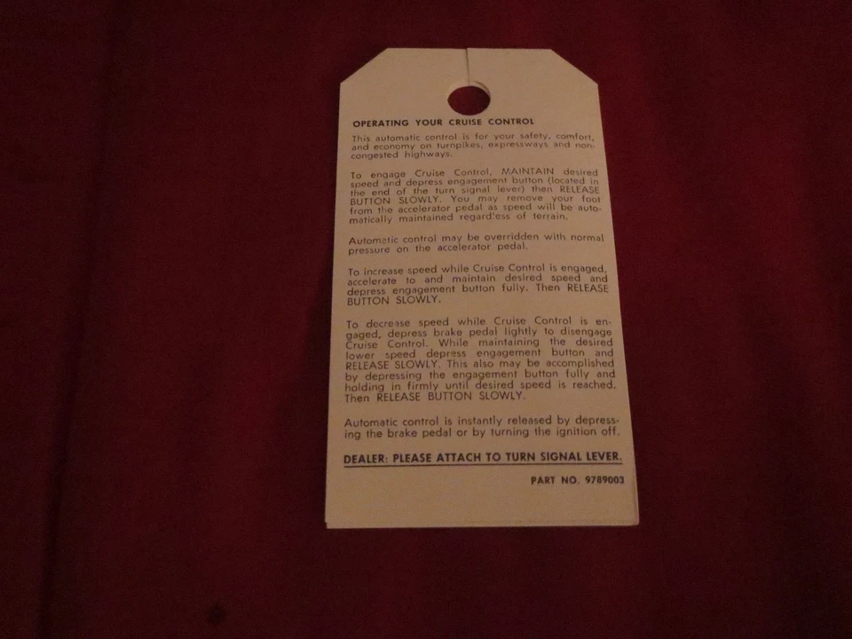 1975 1976 1977 PONTIAC FIREBIRD BONNEVILLE GRAND AM CRUISE CONTROL INSTR TAG - Image 1 of 1