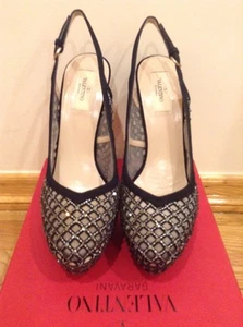 Valentino Black Mesh Slingback Platform Pumps with Rhinestones Size 40.5/ US 9.5 - Picture 1 of 8