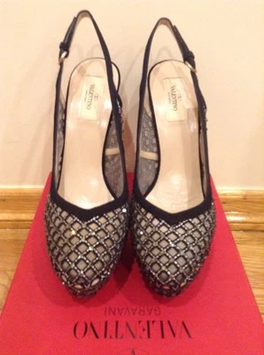 VALENTINO Black Mesh Crystal Rhinestone Platform Slingback Pumps Heels 40.5/9.5 - Image 1 of 4