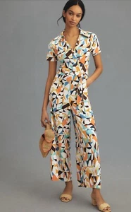 Anthropologie Maeve Jumpsuit Linen Geometric The Colette Wrap Boho Size 14 NWT - Picture 1 of 12