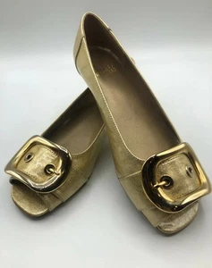 STUART WEITZMAN Flats: Patent Peep Toe W/ Gold Buckle Size 6.5 Made in Spain - Picture 1 of 13