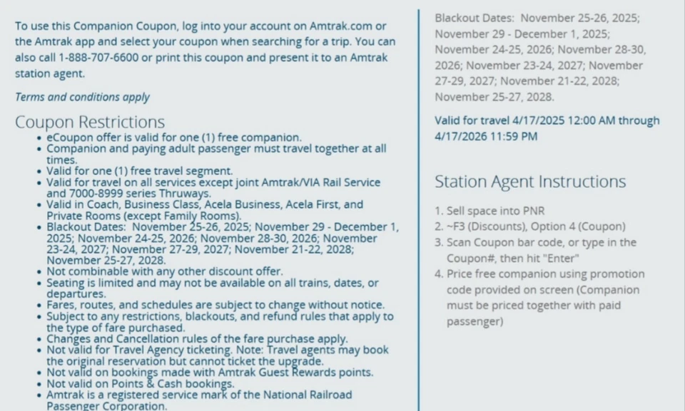 Cupón Amtrak Companion, caduca el 15/04/26 ¡Mucho tiempo 100% vendedor! Foto 1 de 1