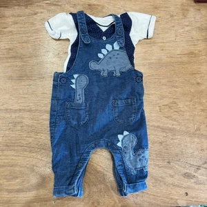 Next Boy Baby Denim Blue Dinosaur Dungarees 0-3 Months - Picture 1 of 5
