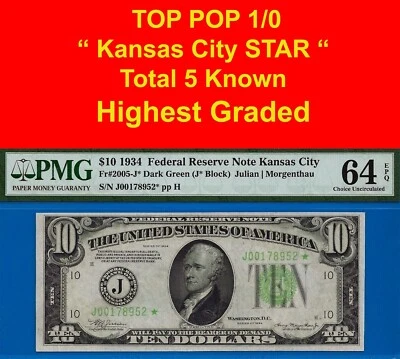 1934 $10 Federal Reserve Note PMG 64EPQ TOP POP 1/0 finest Kansas City star - Image 1 of 4