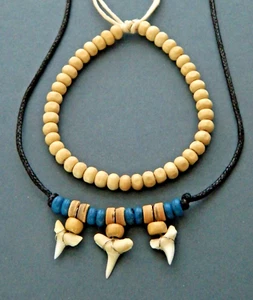 Mens Real Triple Sharks Teeth Tooth Necklace Bracelet Boys Beaded Jewellery - Picture 1 of 5