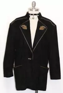 BLACK LEATHER JACKET Over Coat GERMAN Women Winter Hunting Western b42" 12 M - Picture 1 of 6