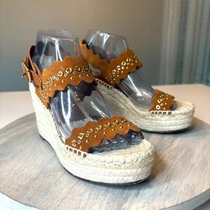 Chloe Lauren Grommet Stud Wedge Espadrille Tan Suede Sandals EU Size 38 US 8 - Picture 1 of 12