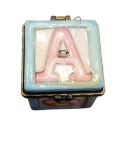 Hinged Trinket Box Blue ABC Block Porcelain Teddy Bear Rocking Horse - Picture 1 of 6