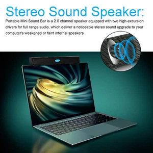 USB Power Computer Speakers Stereo Sound Bar With Clip for Desktop Laptop Black - Afbeelding 1 van 12