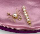 Spider And Caterpillar Insect Brooch Pair Pearl Ruby 14 Karat Gold Retro Pins