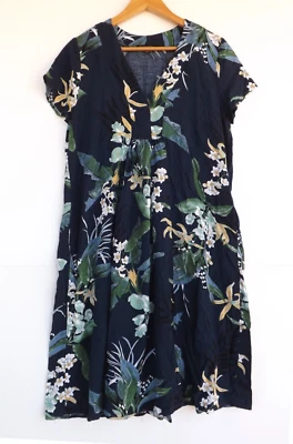 Caroline Morgan Dress 10 Womens Blue Floral Pockets V Neck Green Yellow Viscose - image 1 of 4