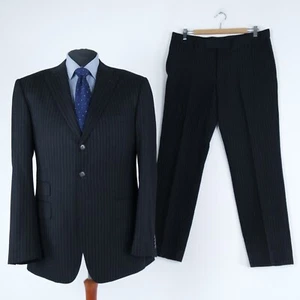 Mens Black Striped Suit 44R UK Size Trousers W34 L30 BATISTINI Wool 2 Piece - Picture 1 of 15