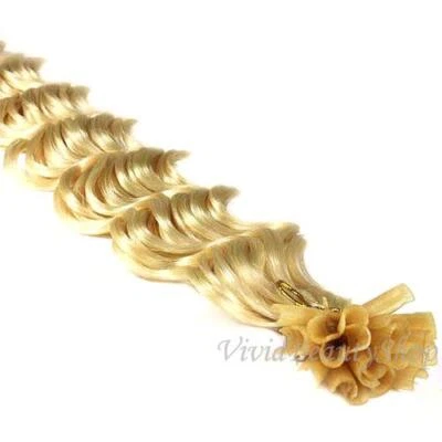 100 U Tip Fusion Deep Wave Curly Remy Human Hair Extensions Light Ash Blonde #22 - Image 1 of 3