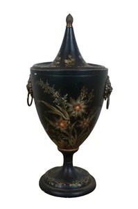 Vintage schwarz Toleware Blumen Löwenkopf Kastanie Trophäe Kaminsims Urne 14" - Bild 1 von 12