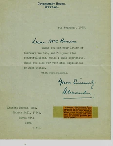 RARO! "Gobernador General de Canadá" Harold Alexander firmado a mano certificado de autenticidad TLS. - Imagen 1 de 3