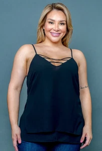Sexy SOLID BLACK Tank Top SIZE 1XL Womens Plus SPAGHETTI STRAPS Blouse DRESSY - Picture 1 of 6