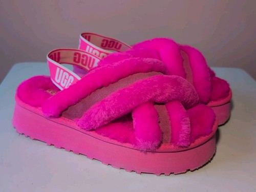 UGG Disco Cross Slide Slingback Platform Sherpa scamosciato rosa caldo taglia 9