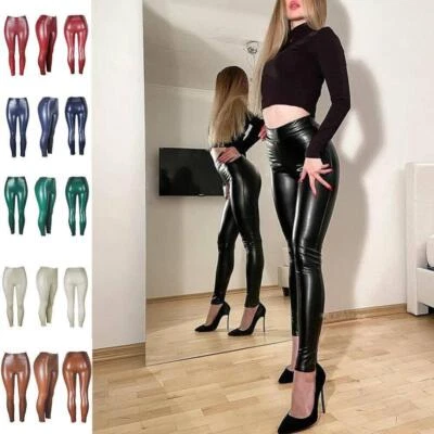 Damen Skinny PU Leder Leggings Fitness Glanz Schlank Wet-Look Hose Optik Leggins - Bild 1 von 4