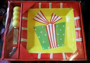 CHEESE BALL PLATTER KNIFE SET PRESENT COLORFUL NIB 8.5" X 8.5" PINEAPPLE RECIPE - Picture 1 of 4