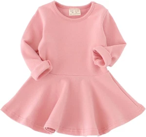 Toddler Baby Girls Long Sleeve Cotton Dress Solid Ruffle Tops - Picture 1 of 12