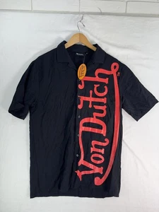 Von Dutch Shirt Mens Medium Black Red Spell Out Button Up Short Sleeve Skate Y2K - Picture 1 of 7
