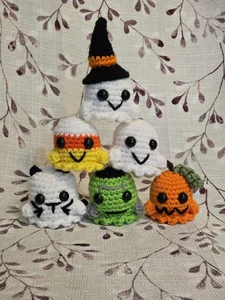 6 Crochet Ghost Set 6 Crochet Ghosts Frankenstein Cat Candy Corn Halloween Ghost - Picture 1 of 12