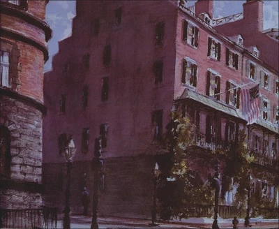 Arte acuarela de colección 1985 Ray Ellis impresión Beacon Street Boston Massachusetts Coast Foto 1 de 3